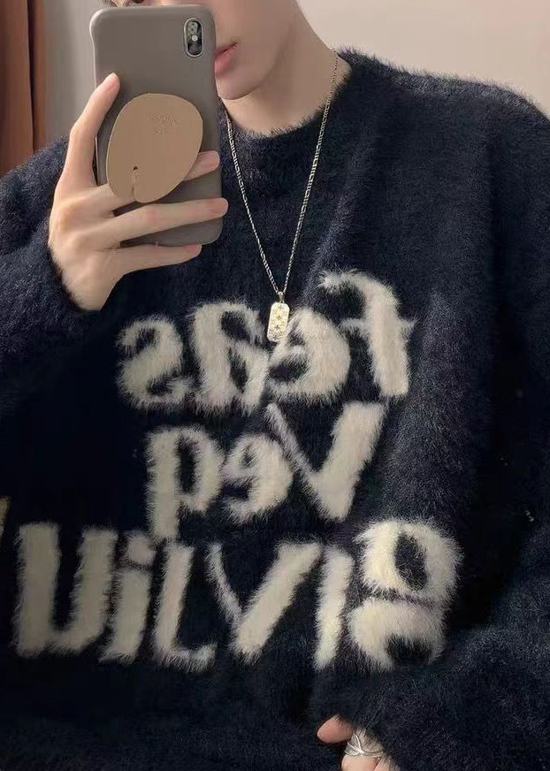 Loose Black Letter Thick Mink Hair Knitted Men Sweater Tops Winter