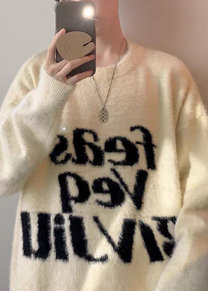 Loose Black Letter Thick Mink Hair Knitted Men Sweater Tops Winter