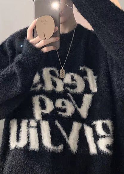 Loose Black Letter Thick Mink Hair Knitted Men Sweater Tops Winter