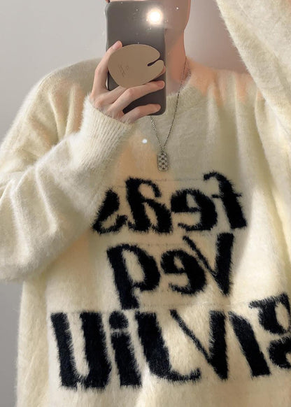 Loose Black Letter Thick Mink Hair Knitted Men Sweater Tops Winter