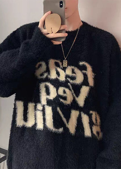 Loose Black Letter Thick Mink Hair Knitted Men Sweater Tops Winter