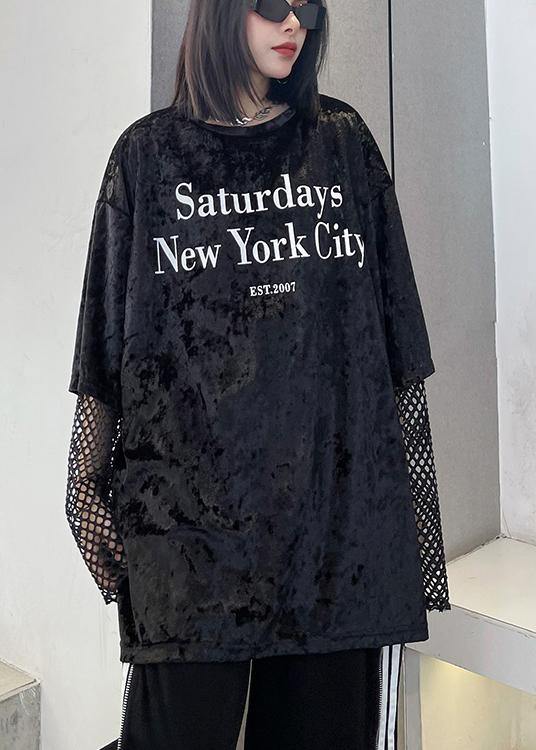 Loose Black Letter Tops Women Blouses O Neck Loose Spring Top - SooLinen