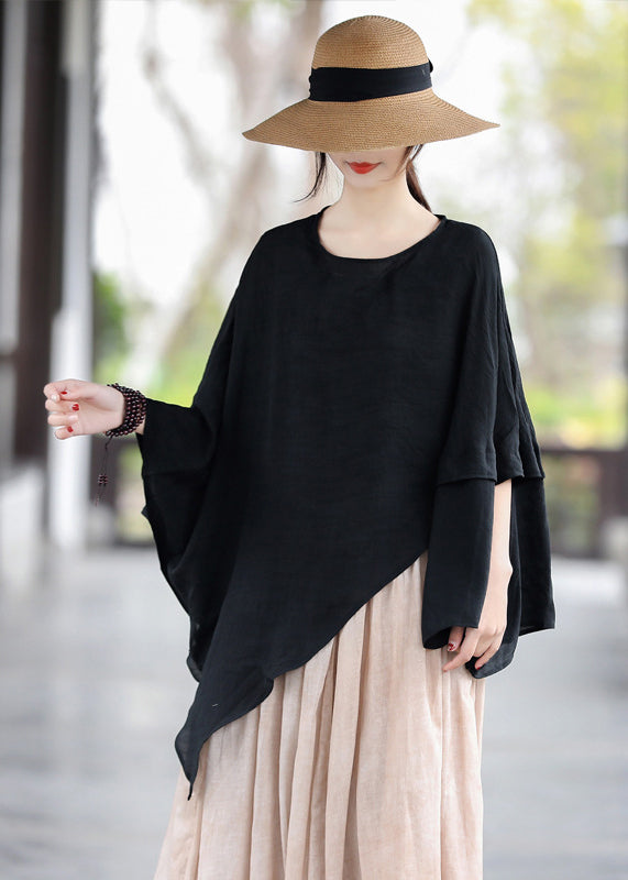 Lose Schwarze O Neck Asymmetrische Baumwolle T Shirt Tops Sommer
