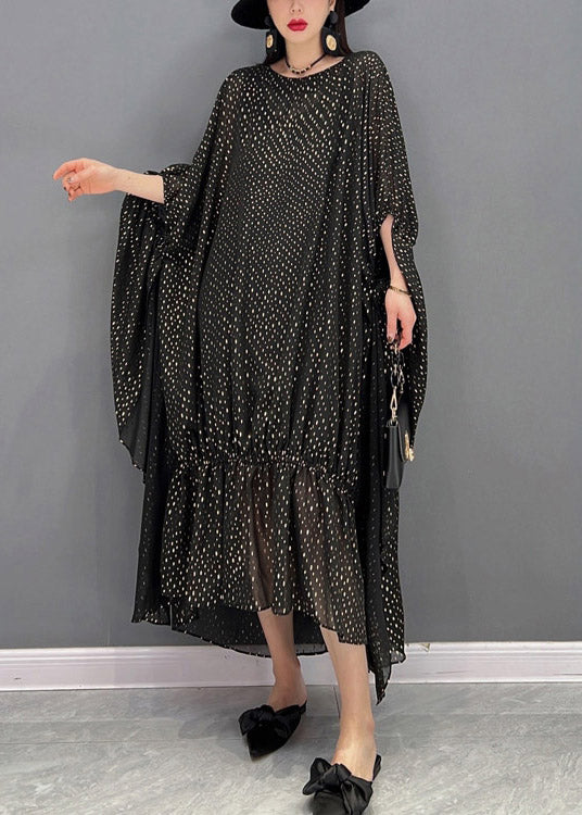 Lockeres schwarzes O-Ausschnitt-asymmetrisches Dot-Chiffon-Urlaubskleid mit Fledermausärmeln