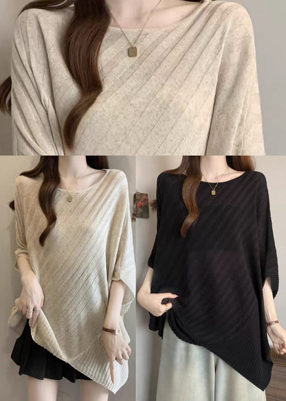 Loose Black O-Neck Asymmetrical Knit Top Batwing Sleeve