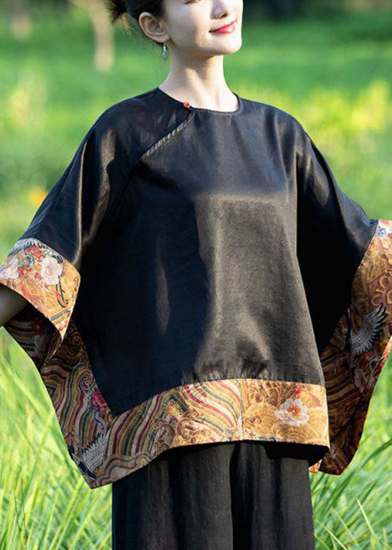 Lose Schwarze O-Ausschnitt Asymmetrische Patchwork Seide Top Frühling