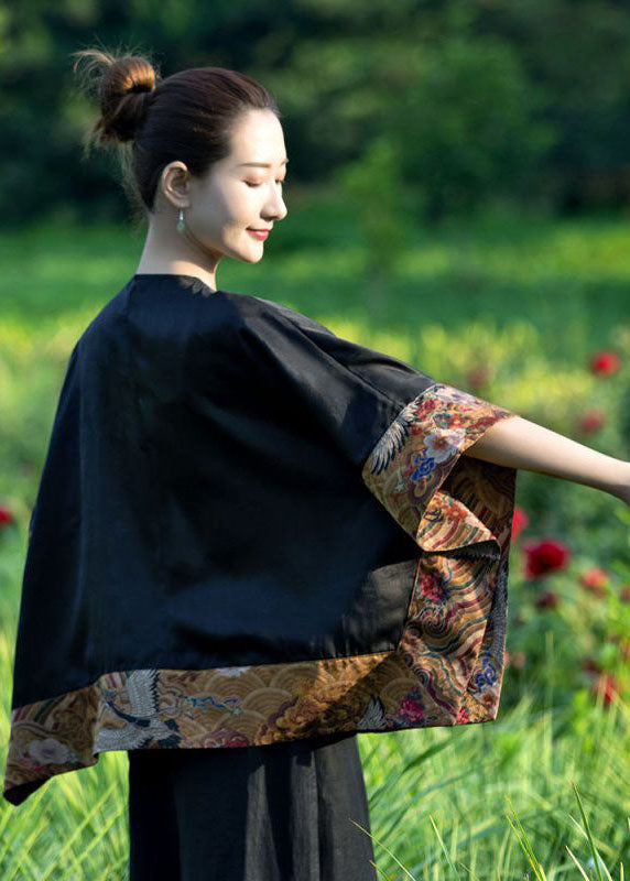 Lose Schwarze O-Ausschnitt Asymmetrische Patchwork Seide Top Frühling