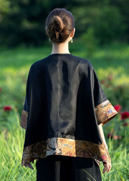 Lose Schwarze O-Ausschnitt Asymmetrische Patchwork Seide Top Frühling