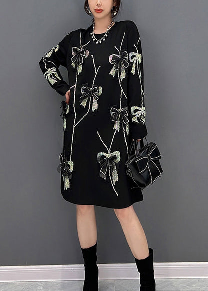 Lose Schwarze O-Ausschnitt Schleife Strick Lange Kleider Winter