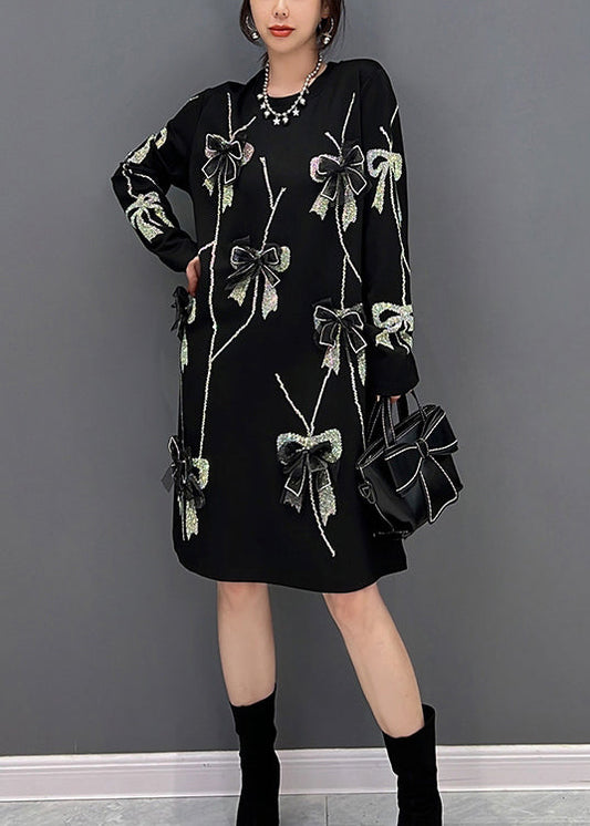 Lose Schwarze O-Ausschnitt Schleife Strick Lange Kleider Winter