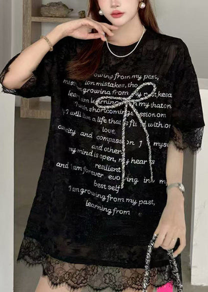 Loose Black O-Neck Lace Patchwork Graphic Bow T Shirts Summer