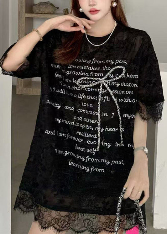Loose Black O-Neck Lace Patchwork Graphic Bow T Shirts Summer