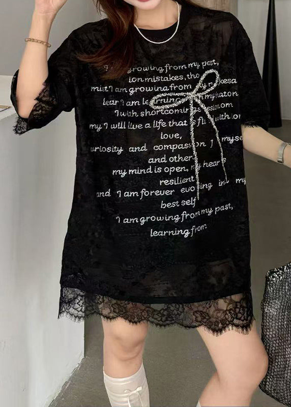Loose Black O-Neck Lace Patchwork Graphic Bow T Shirts Summer