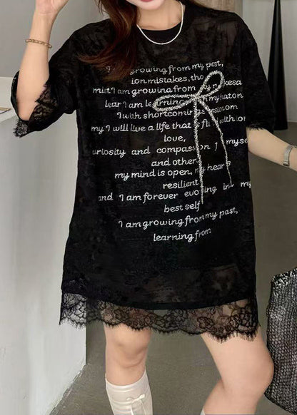 Loose Black O-Neck Lace Patchwork Graphic Bow T Shirts Summer