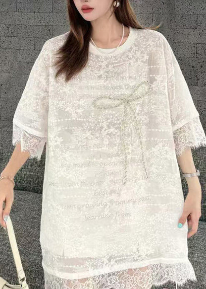 Loose Black O-Neck Lace Patchwork Graphic Bow T Shirts Summer