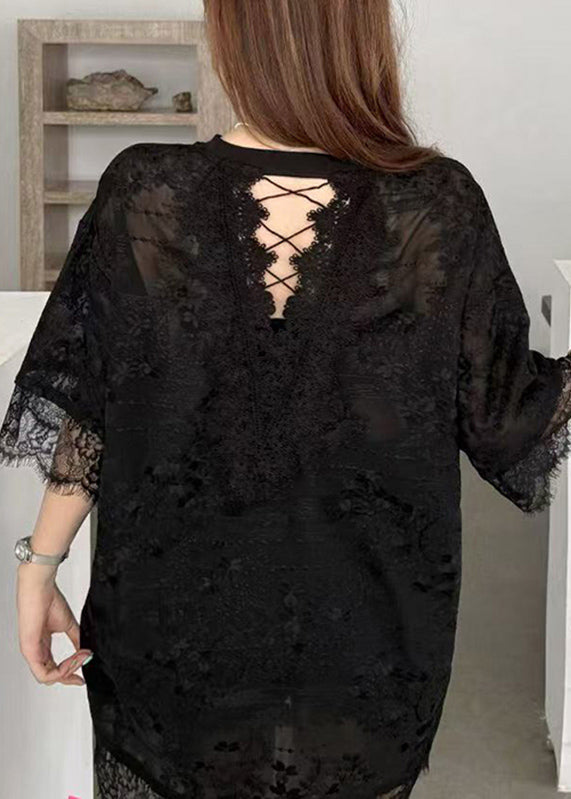 Loose Black O-Neck Lace Patchwork Graphic Bow T Shirts Summer