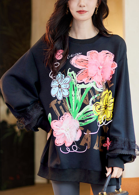 Loose Black O-Neck Lace Patchwork Sweatshirt Fall