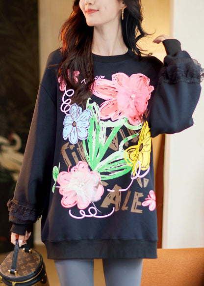 Loose Black O-Neck Lace Patchwork Sweatshirt Fall