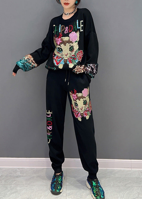 Lose Schwarze O-Neck Little Cat Print Top Und Beam PantsTwo Stück Set Frühling