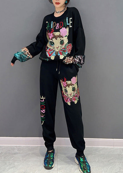 Lose Schwarze O-Neck Little Cat Print Top Und Beam PantsTwo Stück Set Frühling