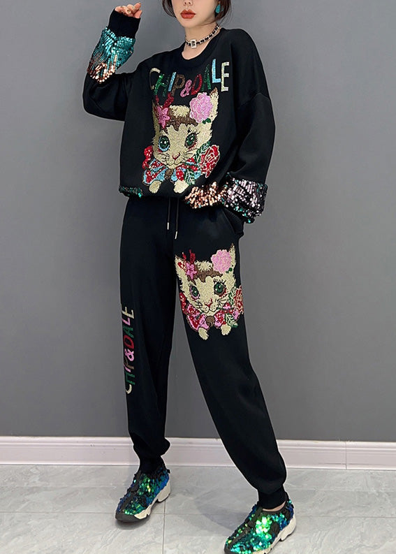 Lose Schwarze O-Neck Little Cat Print Top Und Beam PantsTwo Stück Set Frühling