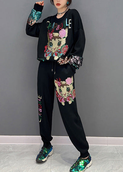 Lose Schwarze O-Neck Little Cat Print Top Und Beam PantsTwo Stück Set Frühling