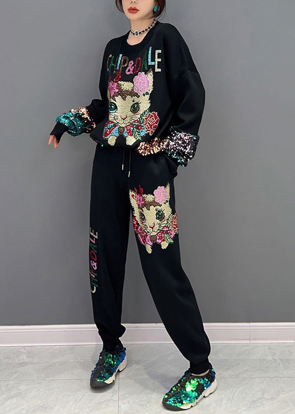 Lose Schwarze O-Neck Little Cat Print Top Und Beam PantsTwo Stück Set Frühling