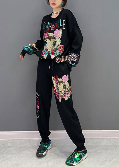 Lose Schwarze O-Neck Little Cat Print Top Und Beam PantsTwo Stück Set Frühling