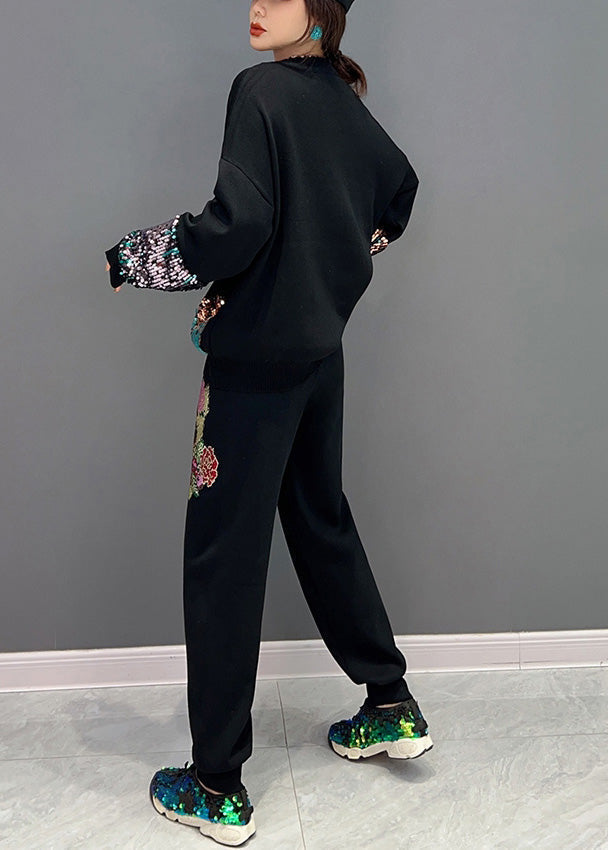 Lose Schwarze O-Neck Little Cat Print Top Und Beam PantsTwo Stück Set Frühling