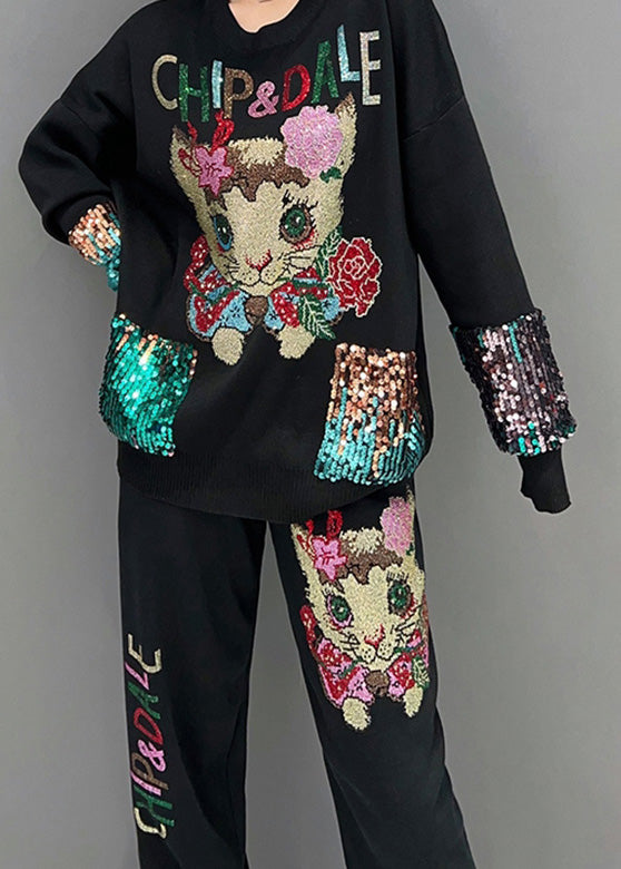 Lose Schwarze O-Neck Little Cat Print Top Und Beam PantsTwo Stück Set Frühling