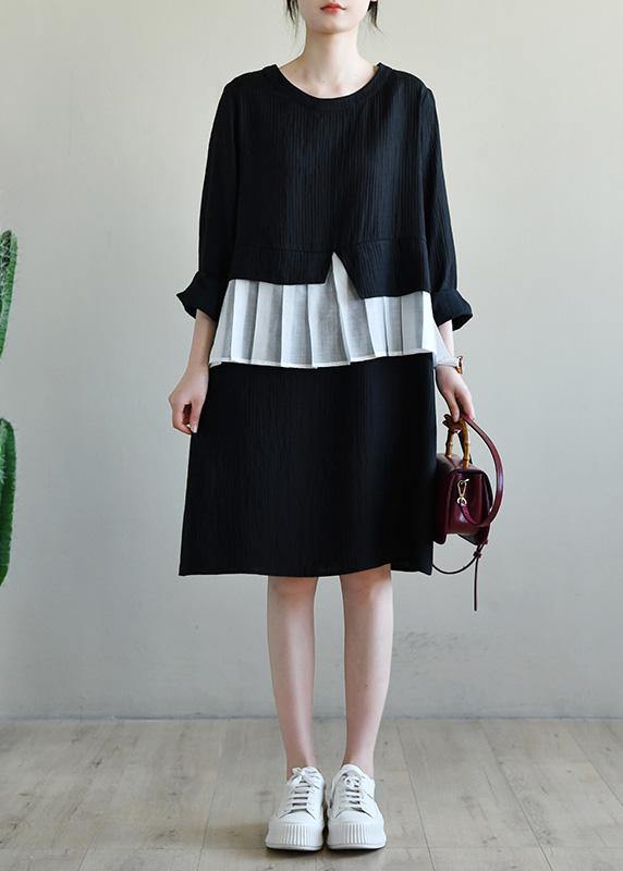 Loose Black O Neck Patchwork Spring Maxi Dress - SooLinen