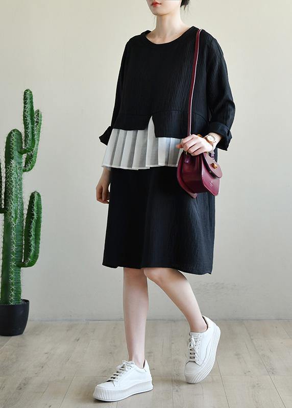 Loose Black O Neck Patchwork Spring Maxi Dress - SooLinen