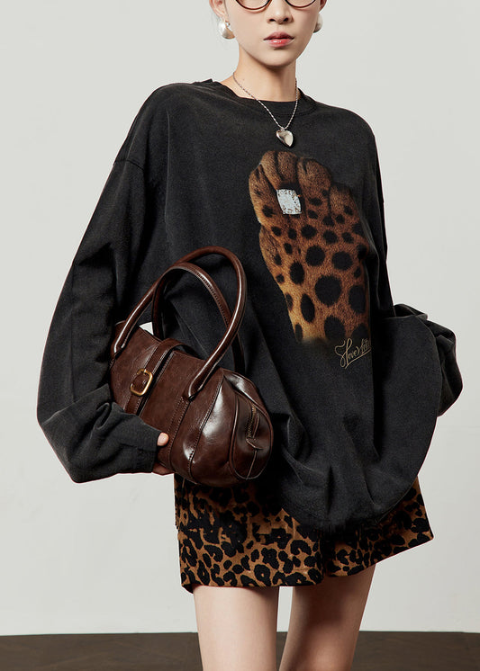 Camiseta holgada de algodón con cuello redondo y estampado negro para primavera