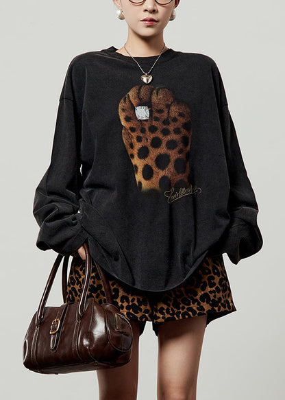 Camiseta holgada de algodón con cuello redondo y estampado negro para primavera