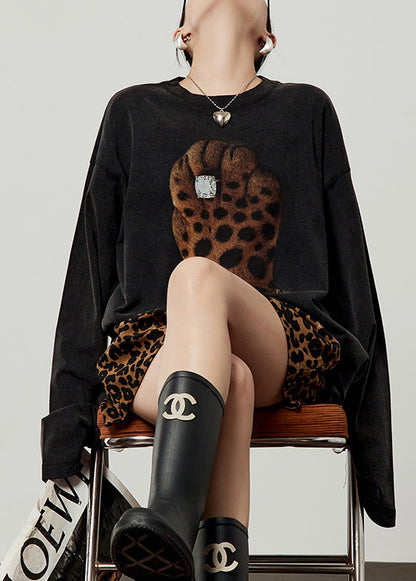 Camiseta holgada de algodón con cuello redondo y estampado negro para primavera