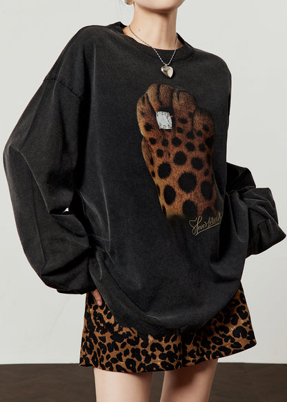 Camiseta holgada de algodón con cuello redondo y estampado negro para primavera