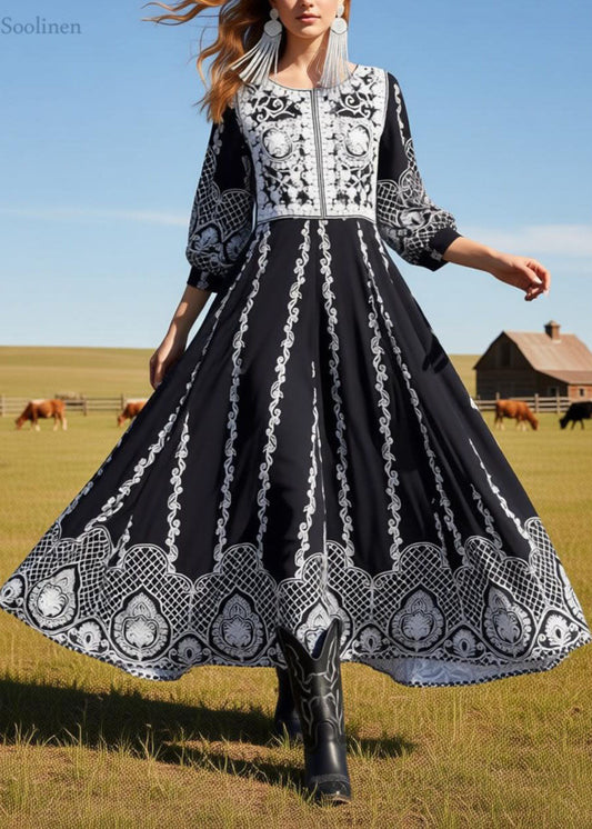 Loose Black O Neck Print Exra Large Hem Cotton Dress Summer