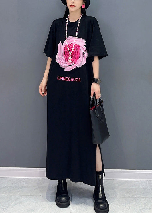 Lose schwarze O-Ausschnitt Print Seite offen Baumwolle T Shirt Kleider Sommer