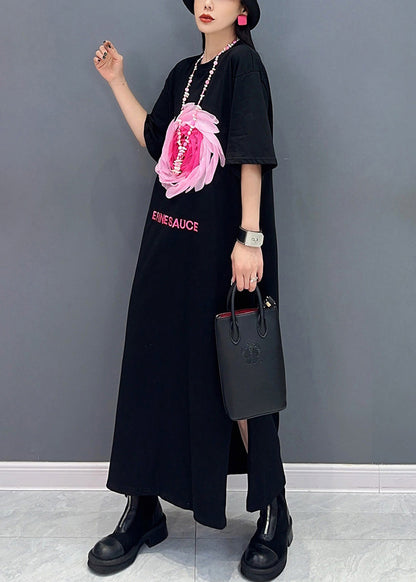 Lose schwarze O-Ausschnitt Print Seite offen Baumwolle T Shirt Kleider Sommer
