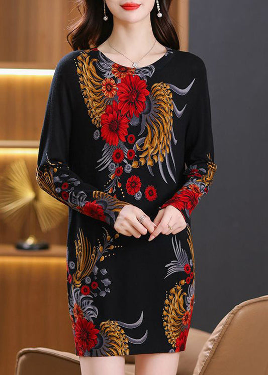 Locker geschnittener schwarzer Strickpullover mit Rundhalsausschnitt und Print, langärmelig