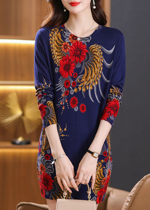 Suéter de punto de lana con cuello redondo y estampado negro suelto, vestido de manga larga