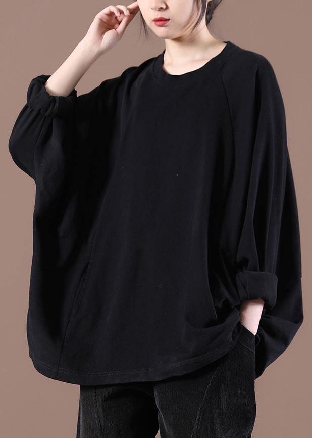 Loose Black O-Neck Stand Spring Tops - SooLinen