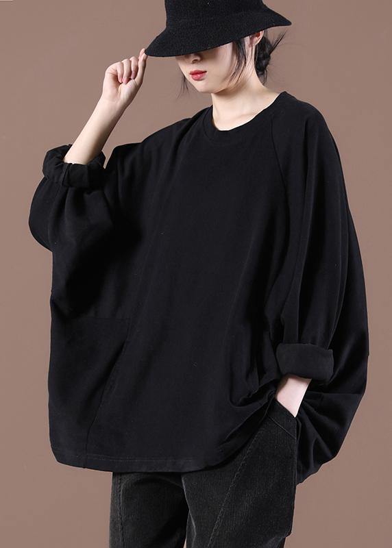 Loose Black O-Neck Stand Spring Tops - SooLinen