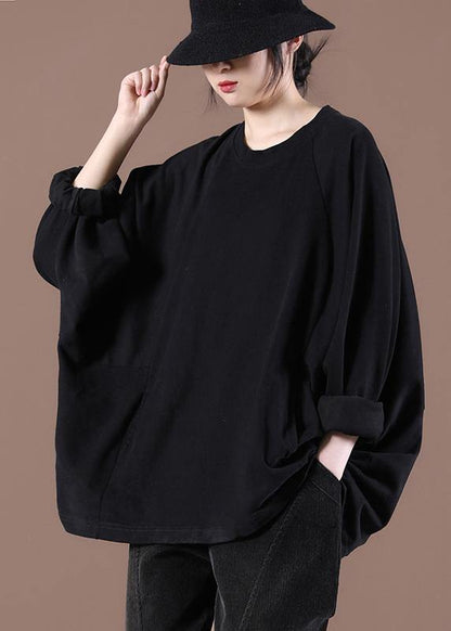Loose Black O-Neck Stand Spring Tops - SooLinen