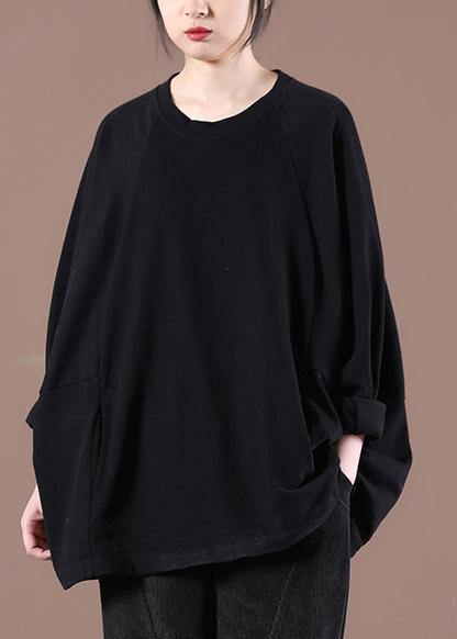 Loose Black O-Neck Stand Spring Tops - SooLinen