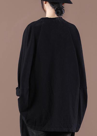 Loose Black O-Neck Stand Spring Tops - SooLinen