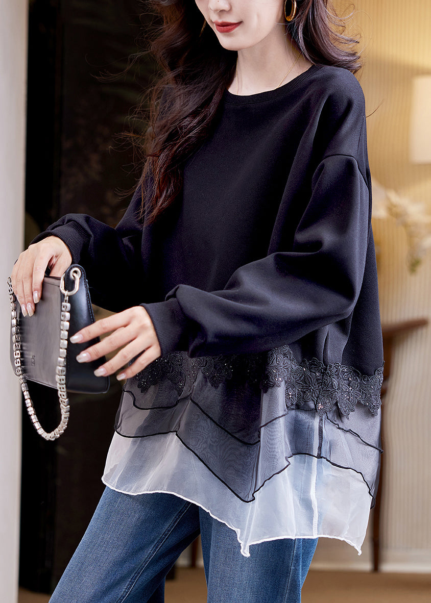 Loose Black O Neck Tulle Patchwork Cotton Sweatshirts Spring