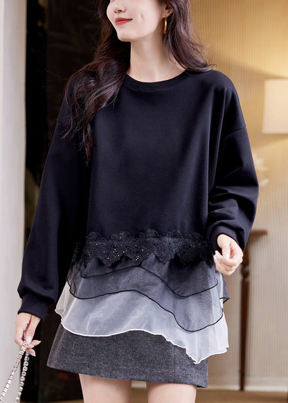 Loose Black O Neck Tulle Patchwork Cotton Sweatshirts Spring