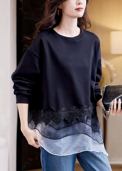 Loose Black O Neck Tulle Patchwork Cotton Sweatshirts Spring
