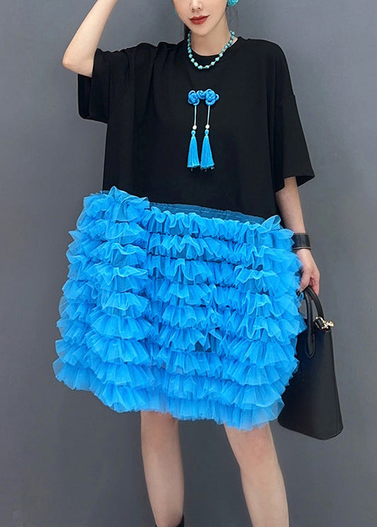 Lose Schwarz O Neck Tüll Patchwork T Shirt Kleider Sommer